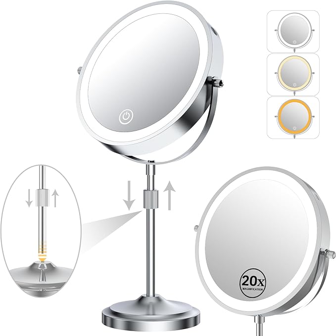 9" Magnifying Mirror with Lights 20X, Height Adjustable, Dimmable, Rechargeable, Chrome