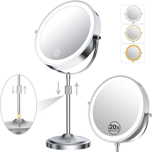 9" Magnifying Mirror with Lights 20X, Height Adjustable, Dimmable, Rechargeable, Chrome