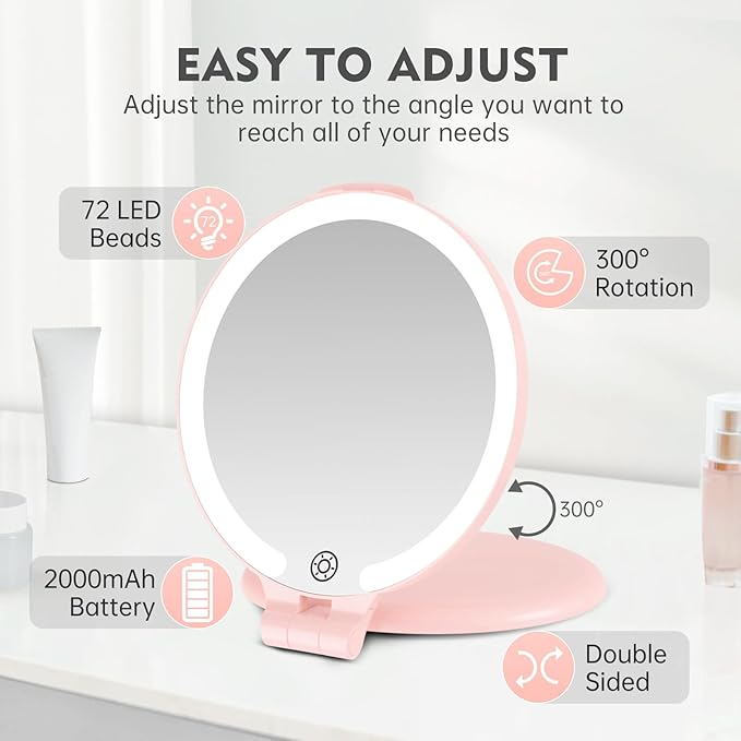 FUNTOUCH Travel Mirror with Light, 10X 1X Double Sided Magnification Makeup Vanity Mirror Rechargeable Lighted Mirror with 3 Color Setting Adjustable Rotation LED Vanity Desk Mirror,Pink