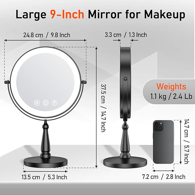 Makeup Mirror with Lights, 20X Magnifying Mirror with Light for Women, 5000 mAh Vanity Mirror with Lights and 3 Colors, 2-Sided Lighted Magnified Mirrors for Delicate Makeup, 9 Inch, Black