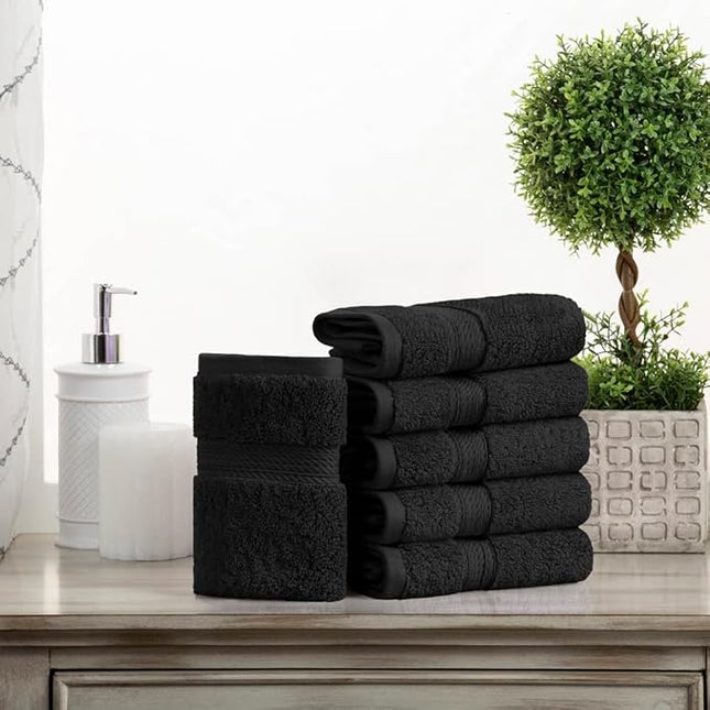 Superior Egyptian Cotton Pile Face Towel/Washcloth Set of 6, Ultra Soft Luxury Towels, Thick Plush Essentials, Absorbent Heavyweight, Guest Bath, Hotel, Spa, Home Bathroom, Shower Basics, Black
