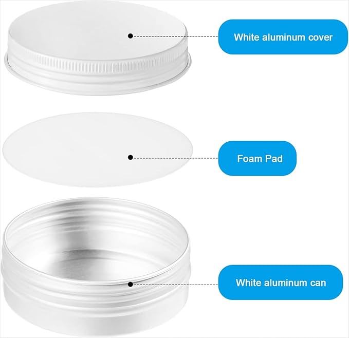Patelai 2 oz 120 pcs Metal Round Tins Aluminum Tin Cans Salve Tins Containers with Screw Lid 20 Sheets Stickers for Salve Spice Candies Balms Candles (White)