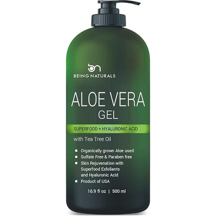 Being Naturals Aloe vera Gel - from 100% Pure Organic Aloe - Natural Raw Moisturizer for Face, Body, Hair. Perfect for Sunburn, Acne, Razor Bumps 16.9 fl oz (Tea Tree, Superfood, Hyaluronic Acid)