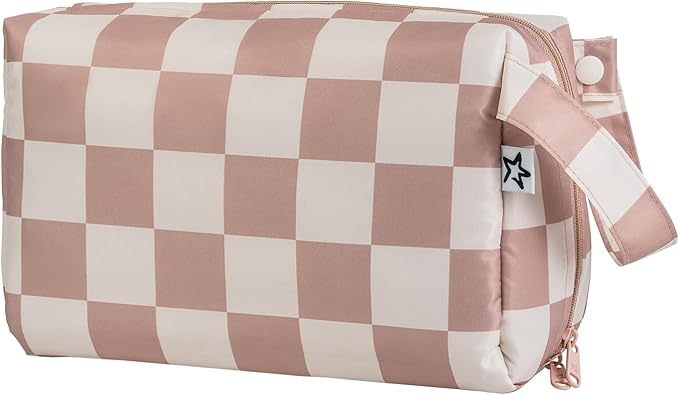 Tiny Twinkle Travel Waterproof Makeup Bag | Travel-Friendly Cosmetic Organizer with Convenient Carry Handle | Spacious Interior, and Secure Zipper Closure (Beige Checkers)