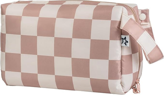 Tiny Twinkle Travel Waterproof Makeup Bag | Travel-Friendly Cosmetic Organizer with Convenient Carry Handle | Spacious Interior, and Secure Zipper Closure (Beige Checkers)