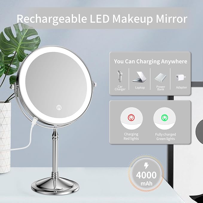 Nicesail Desk Mirror with Light 1X/10X Magnifying with 3 Color Dimmable Lights Desk Mirror, Cordless 360 Rotation 4000mAh Rechargeable, Double Sided Mirror for Desk, 8 Inch Standing Chrome Finish