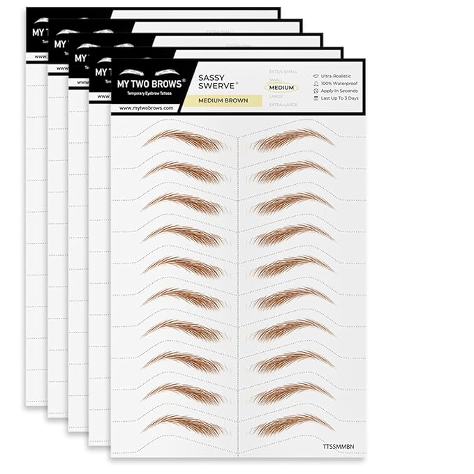 50 Pairs Medium Brown Temporary Eyebrow Tattoos, Waterproof and Smudge-Proof Medium Sassy Swerve Style Realistic Eyebrow Stickers for Women, Easy to Apply, Won't Work on Existing Brows