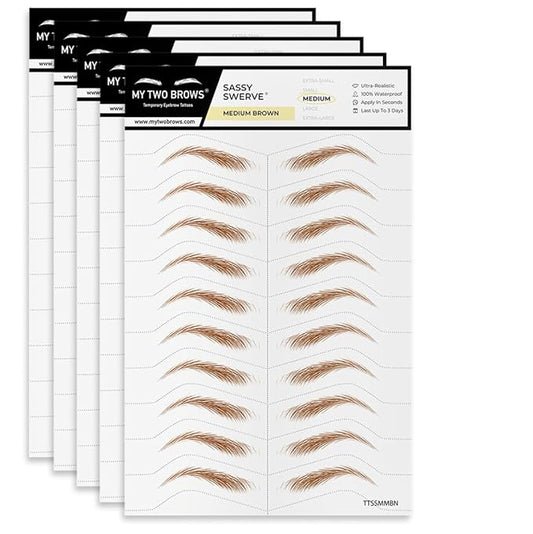 50 Pairs Medium Brown Temporary Eyebrow Tattoos, Waterproof and Smudge-Proof Medium Sassy Swerve Style Realistic Eyebrow Stickers for Women, Easy to Apply, Won't Work on Existing Brows