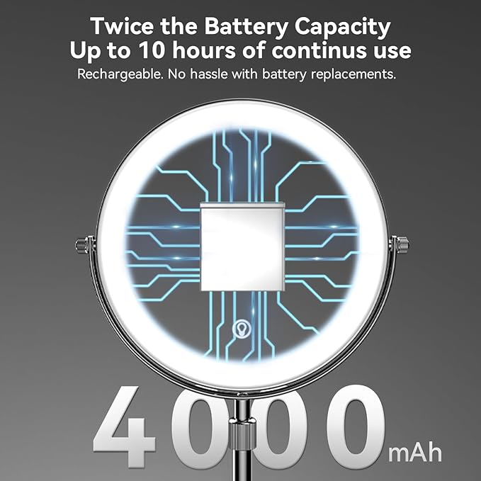 Nicesail LED 7X Make up Mirror of 8 Inch, 4000 mAh Rechargeable Mirror with Light of 3 Colors, Brightness Adjustable, Height Adjustable, Double Sided in Chrome Finish (8 Inch, 7X)