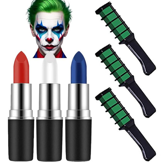 Mysense Clown Makeup Kit,Red White and Blue Face Body Paint Stick,Cream Facepaint and Green Temporary Hair Color Chalk for Halloween Costume Cosplay Party DIY