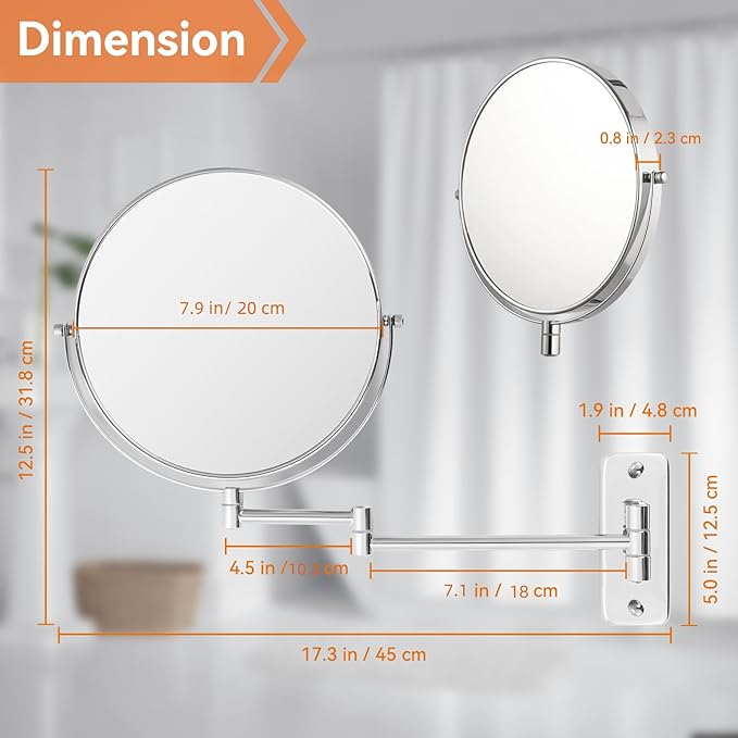 8 inch Wall Mounted Makeup Magnifying Mirror, 1X/10X Double-Sided Wall Mount Shaving Mirror with Extendable Arm, 360° Swivel for Vanity and Bathroom, Chrome Finish（No Light）