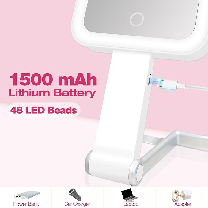 Portable Travel Makeup Mirror with Lights, Double Sided 1X/10X Magnifying Mirror, 3 Color Adjustable Lighting Touch Screen, Rechargeable Lighted Beauty Mirror, Tabletop Handhold Hanging (White)