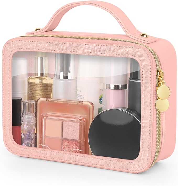 Clear Makeup Bag, Portable Travel Cosmetic Bags, Multipurpose Leather Toiletry Bag with Zipper, Waterproof Transparent Cosmetic Organizer for Women, Medium, Pink