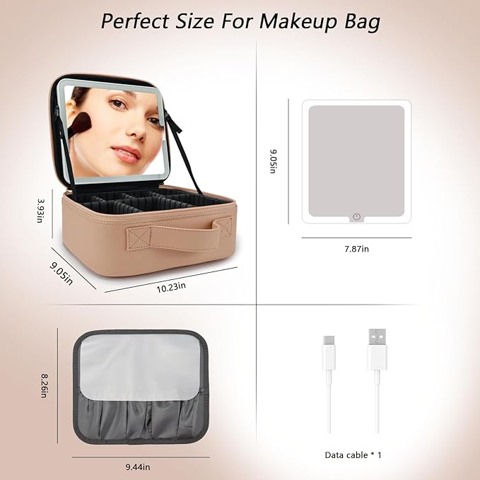 Travel Makeup Bag with LED Mirror Travel Makeup Organizer with 3 Lighted Settings, Adjustable Dividers and Makeup Brush Storage Bag Khaki