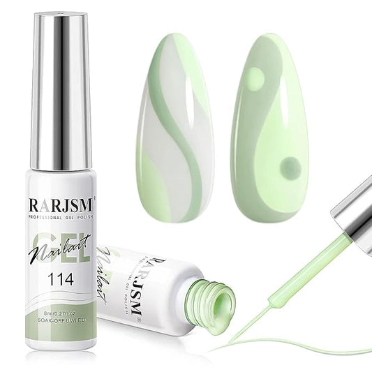 RARJSM Nail Art Liner Gel Nail Polish,Pastel Green Spring Summer Colors Pigment Gel Art Paint for Swirl Nails Painting Design Detailing Built in Thin Sharp Nail Brush Soak off Curing Required 8ml