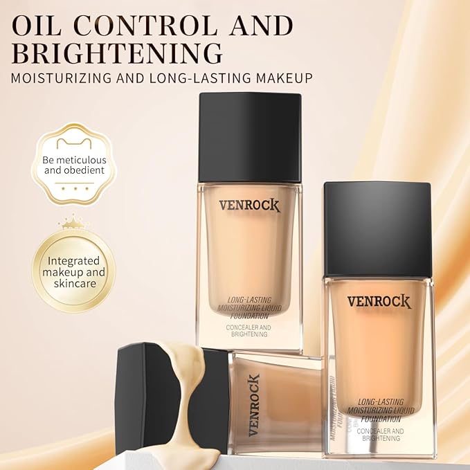 VENROCK 24HR Long-Lasting Moisturizing Liquid Foundation | Radiant, Waterproof, Concealing & Oil-Control (02# Beige, 30ml)
