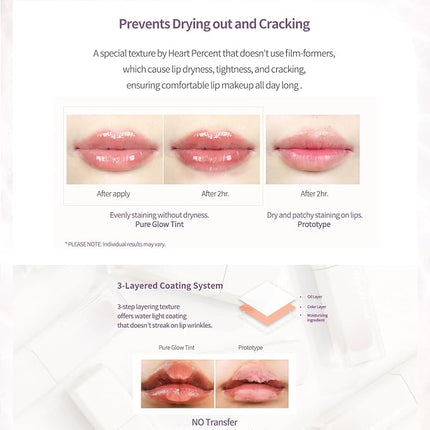 Heart Percent Dote On Mood Pure Glow Tint, Watery & Lightweight Moisturizing Lip Stain Long Lasting Liquid Lipstick 6.8g, #04. Mauve