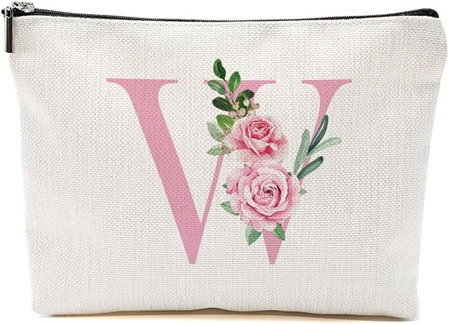 Pink Monogram Makeup Bag, Initial W, Cosmetic Bag Personalized Travel Organizer Bags Makeup Pouch, Monogrammed Gifts for Women Girls Friend Sisters Bridesmaid Wedding Bridal Shower Gifts