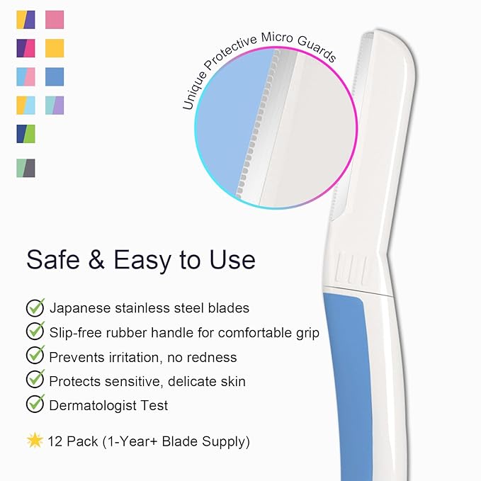 Dermaplane Razor for Women Face - Facial Razor for Women - Eyebrow & Face Razors, Exfoliating Microblades, Peach Fuzz Remover, Dermaplaning & Skin Care Tool, Travel Essentials, (12 pcs, Aegean Frost)