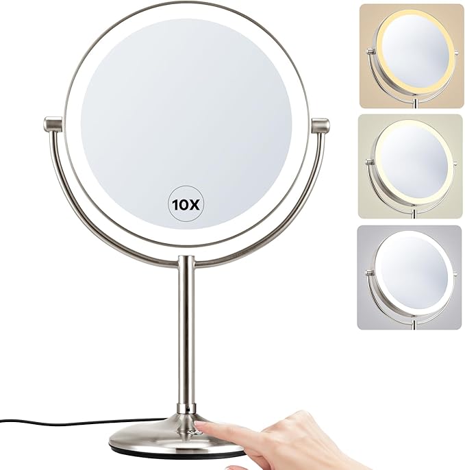 M MIVONDA Makeup Mirror with Lights, Lighted Makeup Mirror with 1X/10X Magnifications, 9 Inch Double Sided Light up Mirror with 360° Rotation
