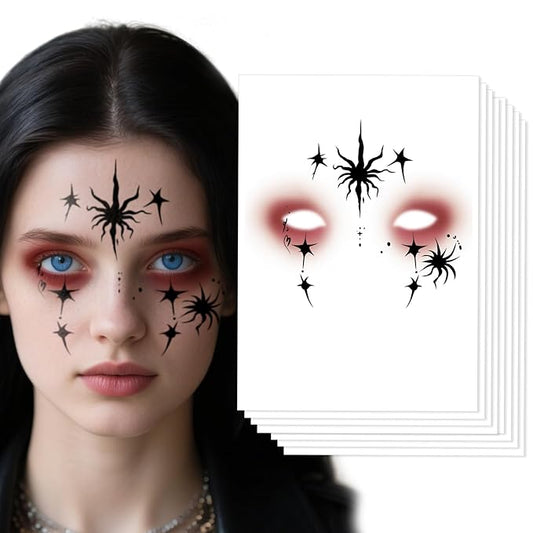 Halloween Face Tattoos, Tattoo Decals with Spider & Star Design,Temporary Makeup Tattoos Stickers, Temporary Face Tattoo Sticker Art for Halloween, Adults, Kids, Costume Parties 8Pcs