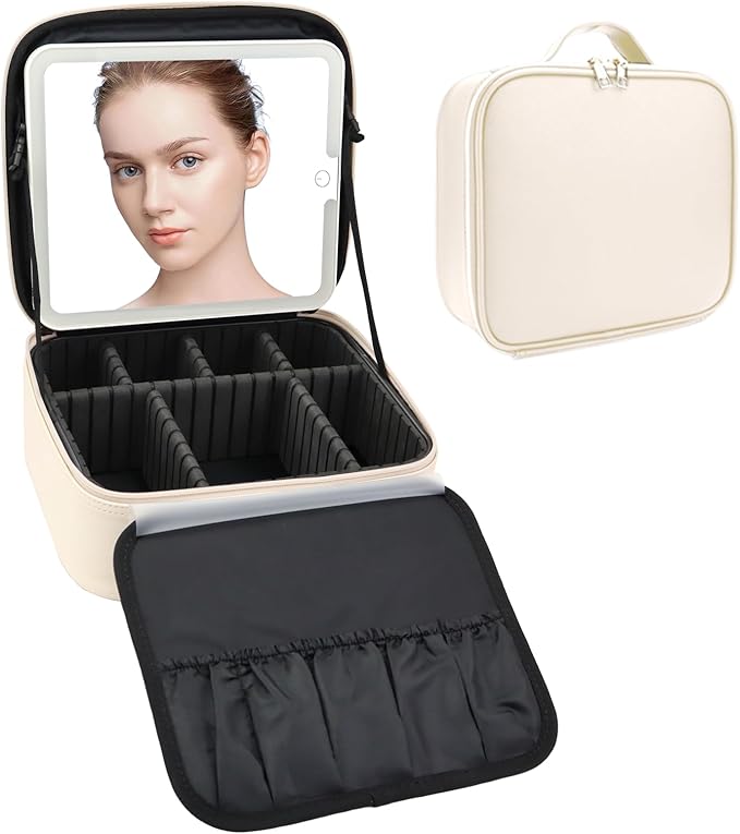 Travel Makeup Bag with LED Mirror Travel Makeup Organizer with 3 Lighted Settings, Adjustable Dividers and Makeup Brush Storage Bag White