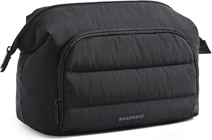 BAGSMART Makeup Bag Travel Toiletry Bag, Puffy Padded Make Up Bags for Women, Makeup Organizer Wide-open Pouch Purse, Travel Essentials for Toiletries Accessories Brushes, Black