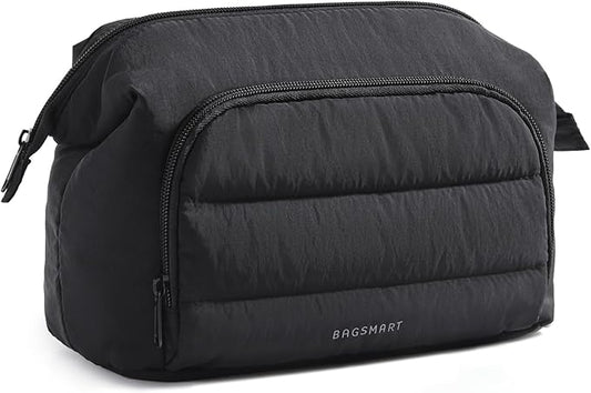 BAGSMART Makeup Bag Travel Toiletry Bag, Puffy Padded Make Up Bags for Women, Makeup Organizer Wide-open Pouch Purse, Travel Essentials for Toiletries Accessories Brushes, Black
