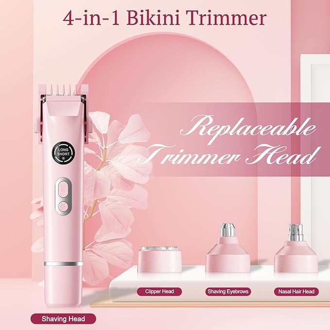 Dermave Bikini Shaver, 4-in-1 Bikini Trimmer for Women, Electric Razors with Dual Heads, Cordless Body Hair Trimmer, Rechargeable Pubic Hair Trimmer for Legs Body Facial Hair, Ceramic Blade