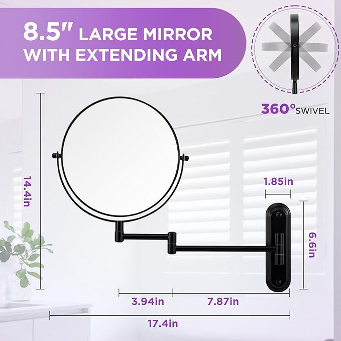 Wall Mounted Makeup Mirror - 1X/15X Magnifying Makeup Mirror with Extended Arm 360°Swivel Vanity Mirror, 8.5in Double Sided Mirror for Bathroom, No Lights