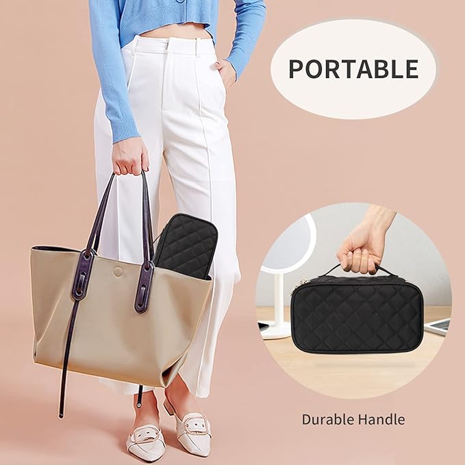 OCHEAL Small Makeup Bag,Portable Cute Travel Makeup Bag Pouch for Women Girls Makeup Brush Organizer Cosmetics Bags with Compartment-Nylon Black