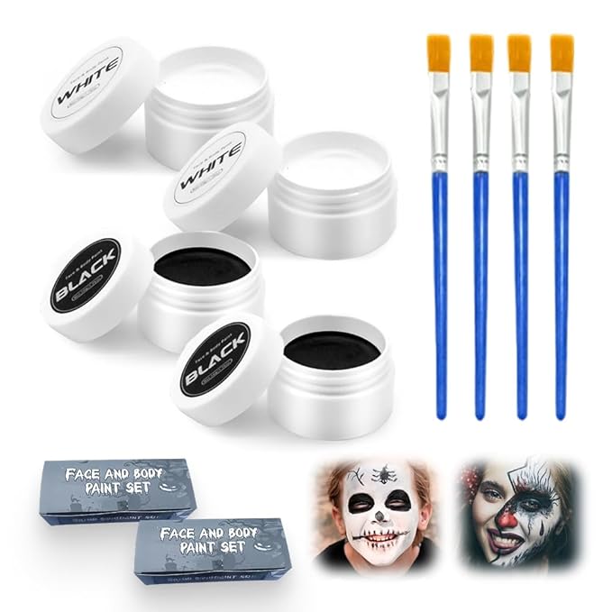 Goth White Foundation Black Red Face Body Paint, 2025 Halloween Decorations Makeup for Body Face, 50ML Halloween Decor Painting Makeup Kit with Brushes for Skeleton Ghost (White*2 + Black*2)
