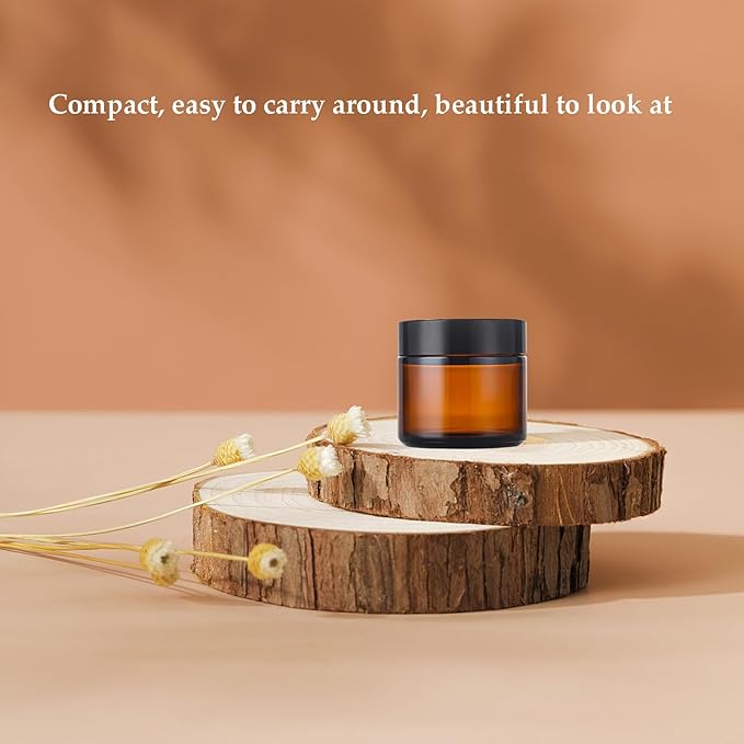 KOIBITO 2 Oz Amber Round Glass Jars with Black Lid, Empty Glass Containers with Inner Liners, Refillable Cosmetic Vials for Cream, Lotion, Ointment (12 PCS)