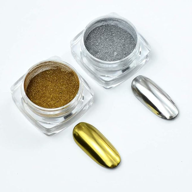 Metallic Chrome Powder - 2 Jars Nail Art Mirror Glitter Effect Pigment Dust Gold Silver for Manicure Tips With Sponge Applicators