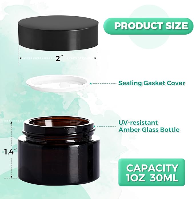 Amber Glass Jars with lids, 24 Pack 1oz Empty Cosmetic Jars, Refillable Airtight Wide Mouth Container for DIY, Sample, Cream, Lotion, Candle Making, Powder, Cosmetic