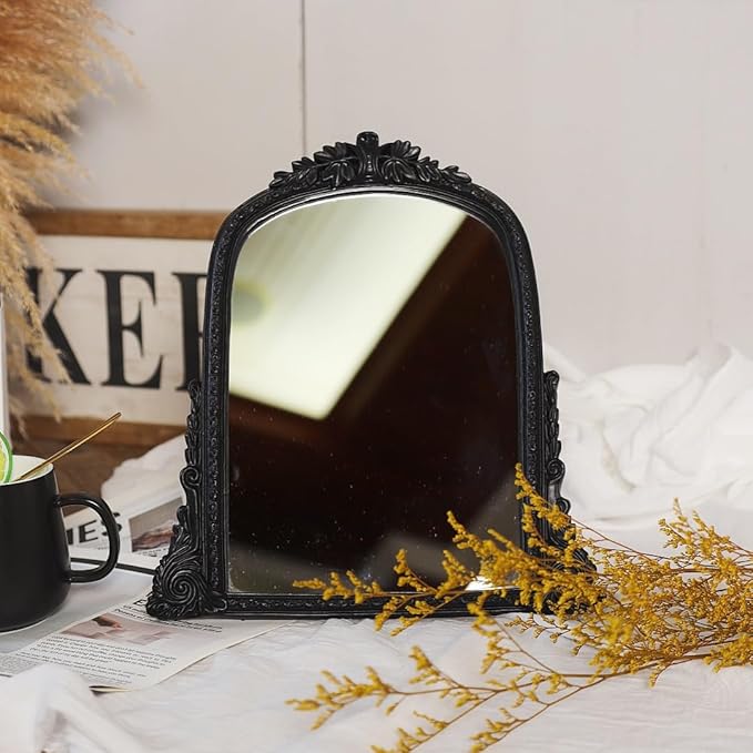 Vintage Black Vanity Makeup Mirror, Antique Arch Table Mirror with Carved Resin Frame, Small Standing Mirror for Bedroom, Living Room, Tabletop (13.2" x 12.8")