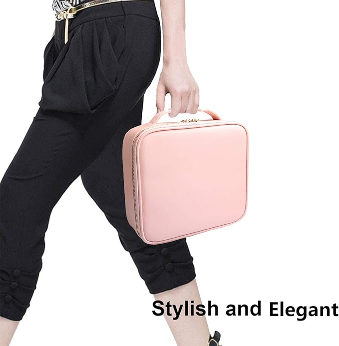 Travel Makeup Case, PU Leather Portable Organizer Makeup Train Case Makeup Bag Cosmetic Case with Adjustable Dividers for Cosmetics Makeup Brushes Women (Pink)
