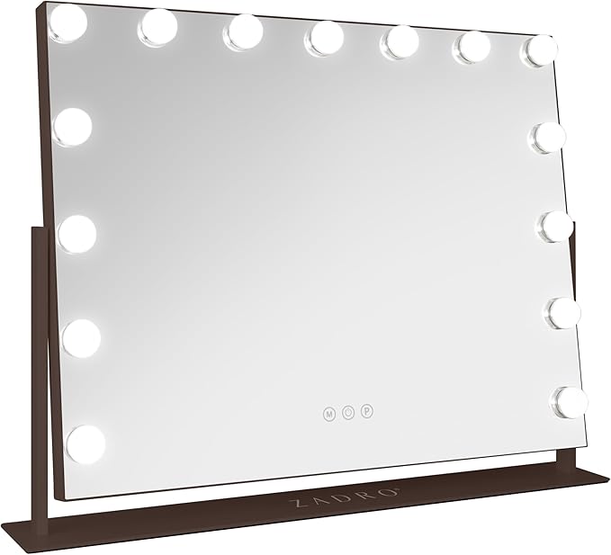 Zadro Hollywood Lighted Vanity Mirror with 15 LED Bulbs, 3 Color Light Settings, 360° Rotation Makeup Mirror Head (26" H x 20" W | 1X | Chocolate)