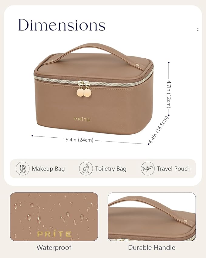 Prite Makeup Bag Portable Cosmetic Organizer with Brush Holder Waterproof Travel Toiletry Bag for Women with Handle and Divider (Brown)