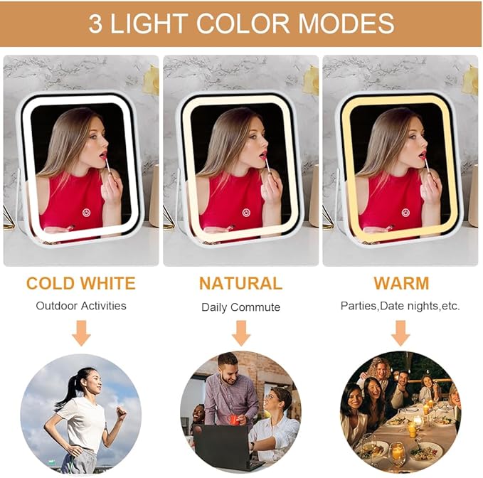 Lighted Makeup Mirror, Rechargeable Vanity Mirror with Lights 10''x8'' Makeup Mirror with Lights,Light up Mirror Touch Screen with 3-Color Lighting,for Women Gift,Travel Essentials