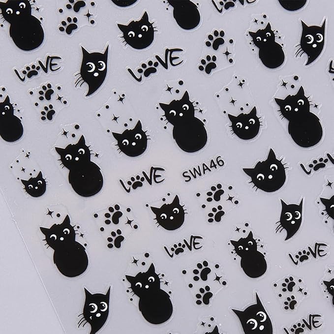 Cat Nail Sticker Black Animal Nail Decals 4Pcs Self-Adhesive 3D Cute Stickers Kawaii Cartoon Animal Self-Adhesive Nail Decals Black Nail Stickers for Nail Art Supplies for Women Nail Art Decorations