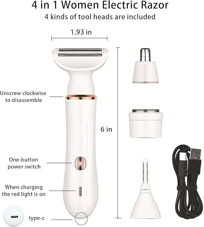 Electric Razor for Women,4-in-1 Women’s Facial Hair Removal for Face Nose Eyebrow Beard Mustache Arm Leg Armpit, Rechargeable 4 in 1 Womens Body Shavers Set