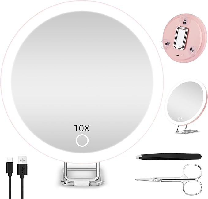10X Magnifying Mirror with Lights, 6inch Makeup Magnifying Mirror 10X Lighted Magnification with Adjustable Stand & 3 Suction Cups - for Detailed Makeup,Shaving,Blackhead Blemish Removal