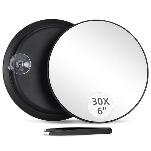 Round 30X Magnifying Mirror, 6inch Magnified Mirror with 3 Suction Cups Easy Mounting, Compact 30X Travel Magnification and Tweezers Set for Detailed Makeup,Shaving,Blackhead Blemish Removal