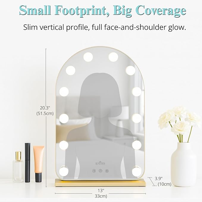 LUXFURNI Vanity Mirror with Lights, 20.5" L x 13" W Arched LED Makeup Mirror, Lighted Makeup Mirror with Lights, Smart Touch Control Dimmable 3 Modes Light, Gold