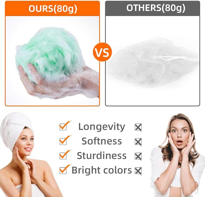 Loofah Bath Sponge, Novosun Mesh Pouf Shower Sponge Soft Exfoliating Shower Luffas for Silky Skin Pack of 4 Pastel Colors, XL (80g/pcs)