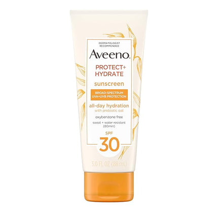 Aveeno Protect + Hydrate Moisturizing Sunscreen Lotion with Broad Spectrum SPF 30 & Prebiotic Oat, Weightless Sweat & Water-Resistant Full Body Sunscreen, Oxybenzone-Free, 3.0 fl. oz