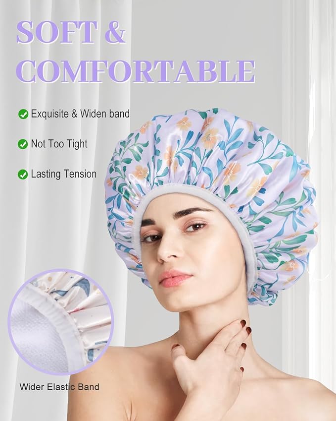 Shower Cap, Terry lined Reusable shower caps, Large Shower Cap for Women, Waterproof Hair cap Triple Layer Shower Caps for Long Thick Hair