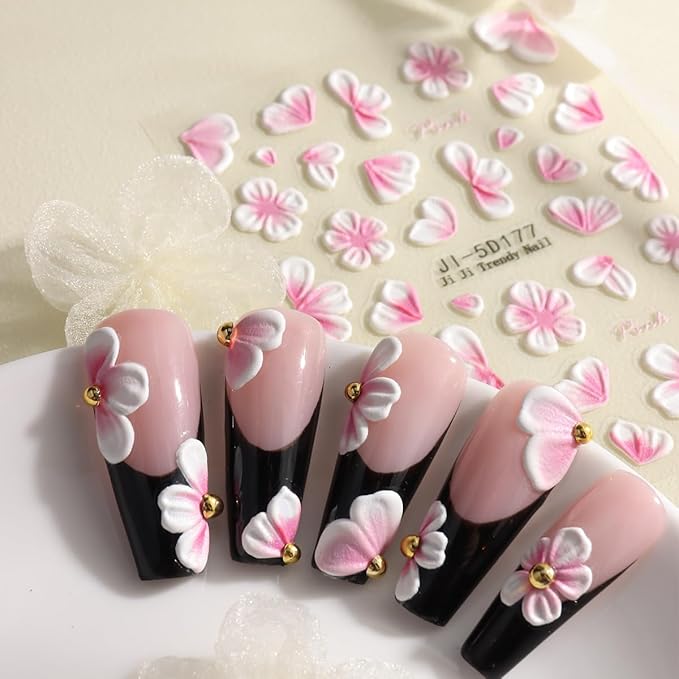 5D Embossed Flowers Nail Art Stickers, 5PCS Self-Adhesive Pink White Flower Sticker Floral Petals Cherry Blossom Butterfly Nail Decals French Tips Design Pegatinas para Uñas