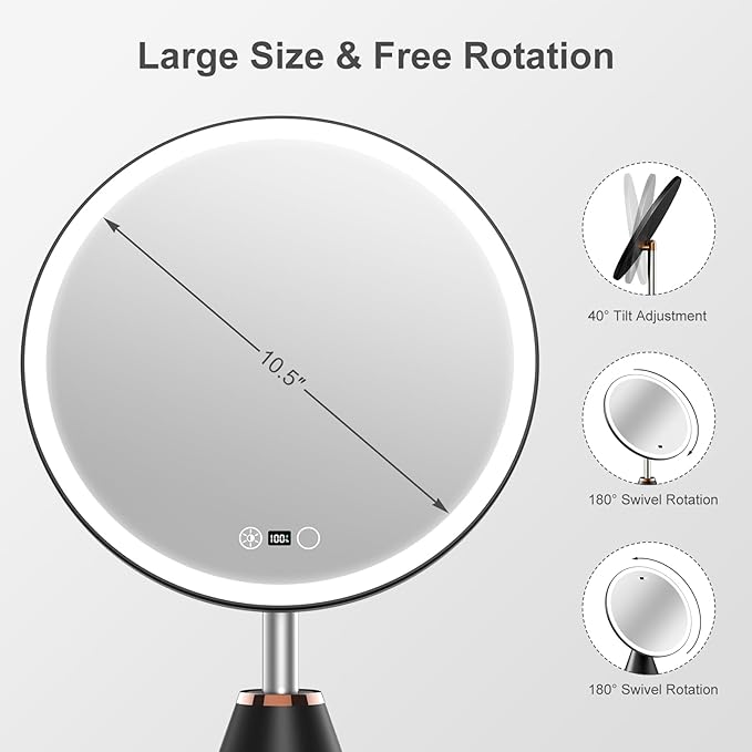 Vanity Mirror with Lights, Rechargeable Lighted Makeup Mirror with 10X/1X Magnification, LED Display for Desk, 3 Color Lights Touch Dimmable, 10.5" Round, Gifts for Women